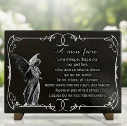 Plaque funéraire ange en granit massif sur pieds métal 35 × 25 cm
