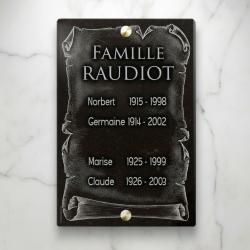Plaque funéraire à visser en granit avec décor parchemin (30 x 20 cm)