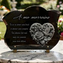 Plaque funéraire coeur, colombe et rose en granit massif (40 x 30 cm)
