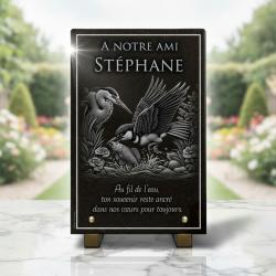 Plaque funéraire pêcheur en granit noir , Héron, martin-pêcheur et poisson