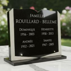 Plaque funéraire forme livre ouvert en granit sur socle (40 x 30 cm)