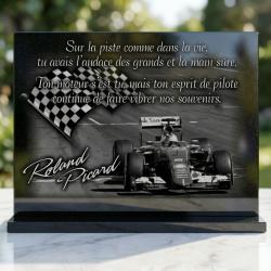 Plaque funéraire voiture de course , Formule 1 sur circuit avec drapeau à damier