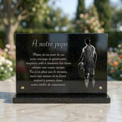Plaque funéraire rugby en granit noir sur socle , 30 x 20 cm