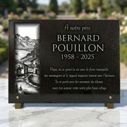 Plaque funéraire montagne en granit noir , Village et chalet de montagne