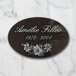 Plaque funéraire à coller en granit noir ovale 20×30 cm , motif fleurs