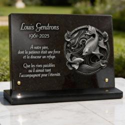 Plaque funéraire pour pêcheur en granit poli sur socle, motif poisson