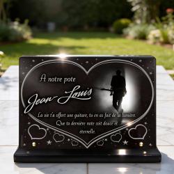 Plaque funéraire guitariste, granit socle, coeur et musique