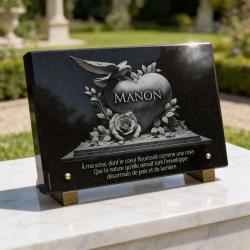 Plaque funéraire coeur en granit poli avec colombe et roses, 30 x 20 cm