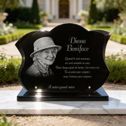 Plaque funéraire avec photo, granit sur socle
