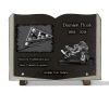 Plaque funéraire livre personnalisable en granit, photo portrait du défunt, moto. (2)