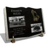 Plaque tombale Gens du voyage, gitan avec roulotte et hérisson en granit forme livre ouvert gravé (2)