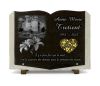 Plaque mortuaire thème Angers, coeur doré, fleurs et textes sur granit en forme de livre ouvert personnalisable (2)