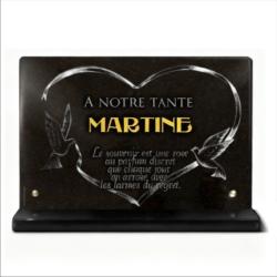 Plaque funéraire avec coeur en granit noir et deux colombes gravées 30 x 20 cm (2)