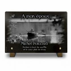 Plaque funéraire pêcheur en barque sur rivière en granit (2)