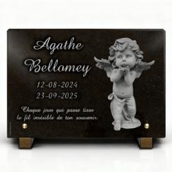 Plaque funéraire enfant et bébé en granit noir (20 × 30 cm)  Ange chérubin (2)