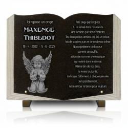 Plaque funéraire livre en granit avec chérubin 40 × 30 cm sur pieds métal (2)