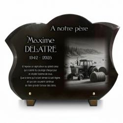 Plaque funeraire tracteur en granit noir galbé (40 × 30 cm) sur pieds métal (2)