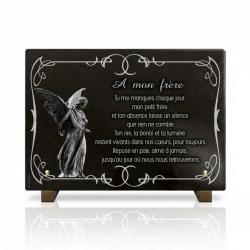 Plaque funéraire ange en granit massif sur pieds métal 35 × 25 cm (2)