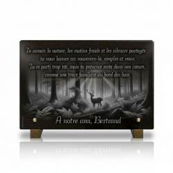 Plaque funéraire campagne en granit Forêt et cerf sur pieds métal (30 x 20 cm) (2)