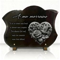 Plaque funéraire coeur, colombe et rose en granit massif (40 x 30 cm) (2)