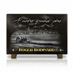 Plaque funéraire avec église en granit noir , campagne et tracteur (30 x 20 cm) (2)