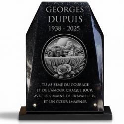 Plaque funéraire tracteur, champ de blés et coquelicot en granit (2)