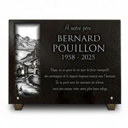 Plaque funéraire montagne en granit noir , Village et chalet de montagne (2)
