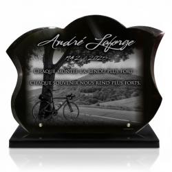 Plaque funéraire galbée thème cycliste en granit poli sur socle noir 40 × 30 cm (2)