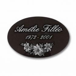 Plaque funéraire à coller en granit noir ovale 20×30 cm , motif fleurs (2)
