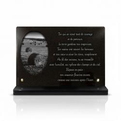 Plaque funéraire thème agriculteur et cultivateur en granit poli sur socle (2)