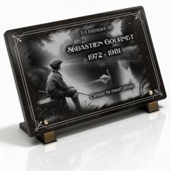 Plaque funéraire pêcheur, granit, rivière et cygne (2)