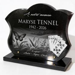 Plaque funéraire cartes à jouer, papillon, granit forme galbée (2)