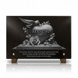 Plaque funéraire coeur en granit poli avec colombe et roses, 30 x 20 cm (2)