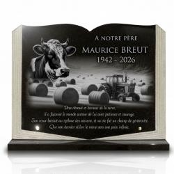 Plaque funéraire agriculteur, éleveur bovin en granit noir poli, forme livre (2)