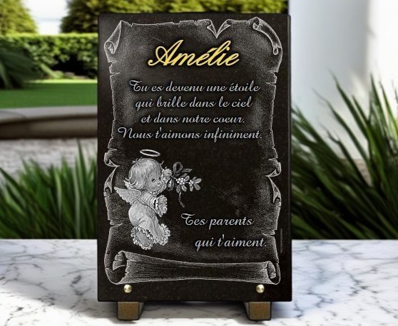 Plaque funéraire pour enfant ou bébé avec dessin ange.