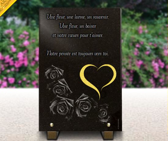 Plaque funéraire fleurs avec roses et coeur doré à l'or