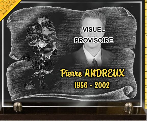 Plaque funeraire verre avec photo et parchemin gravés.