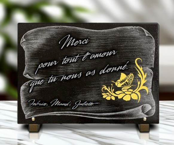 Plaque mortuaire parchemin fleur papillon