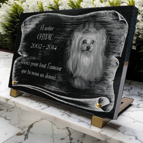 Plaque funeraire Chien yorkshire avec parchemin