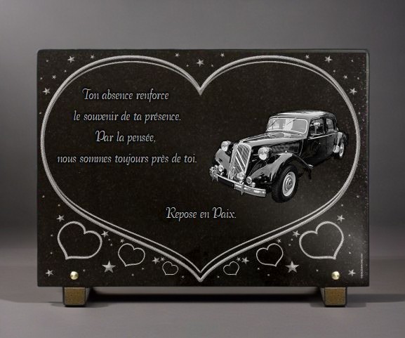 Plaque funéraire coeur et voiture traction citroën