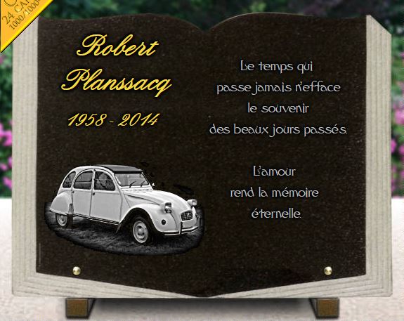 Plaque funéraire livre, voiture 2 cv citroën