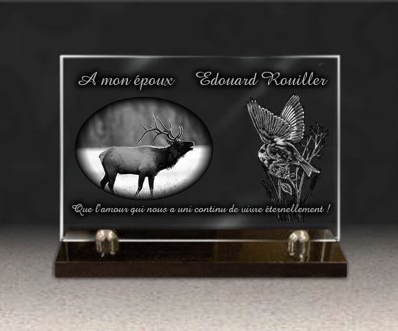 Plaque funeraire verre, cerf oiseaux mésange