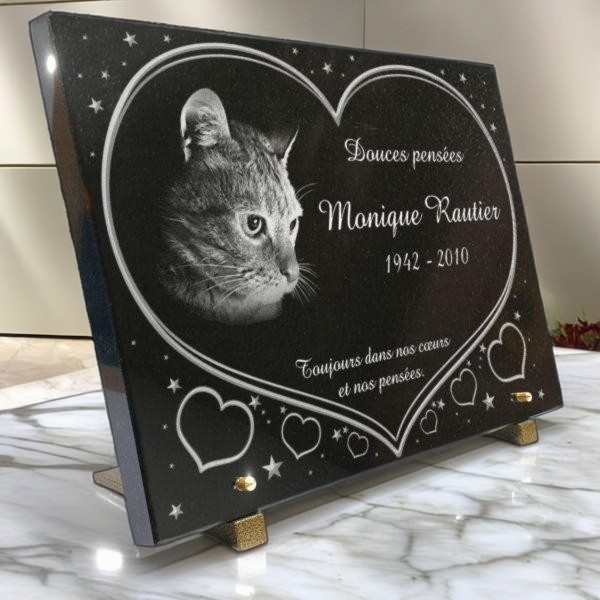 Plaque funeraire coeur avec chat et étoiles