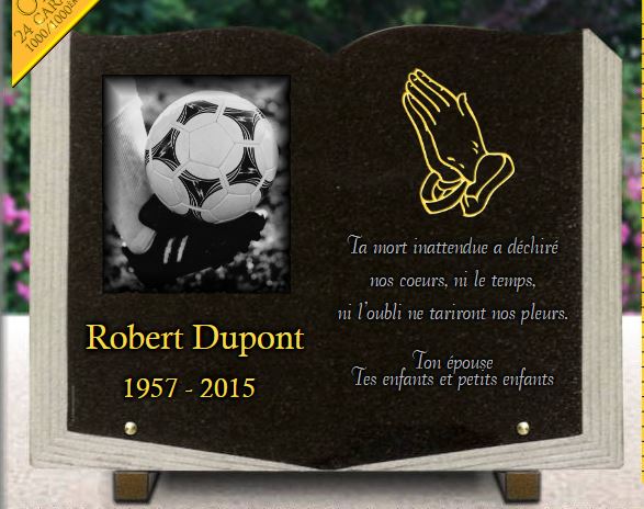 Plaque funéraire Livre, ballon de foot - RENAUD Gravure