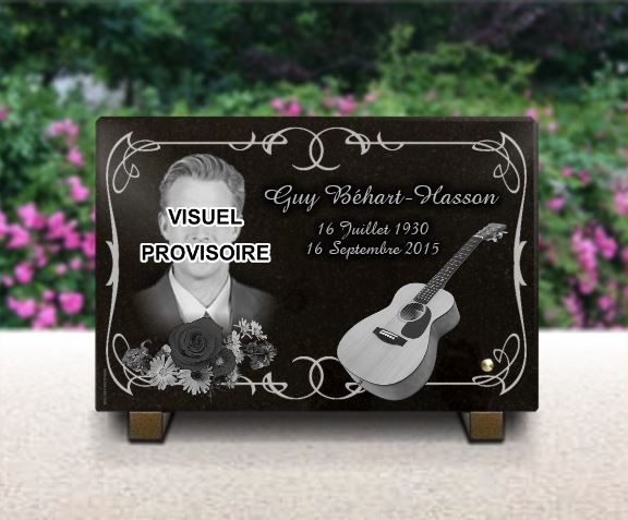 Plaque funéraire photo guitare fleurs - RENAUD Gravure