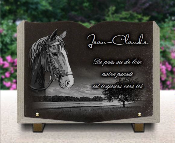 Plaque funéraire Livre, cheval, campagne - RENAUD Gravure