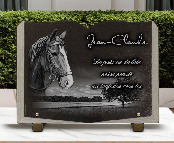 Plaque funéraire Livre, cheval, campagne - RENAUD Gravure