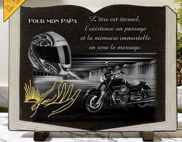 Plaque funéraire livre, casque moto et colombe - RENAUD Gravure