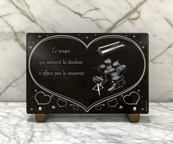 Plaque funéraire Coeur, batterie et harmonica - RENAUD Gravure