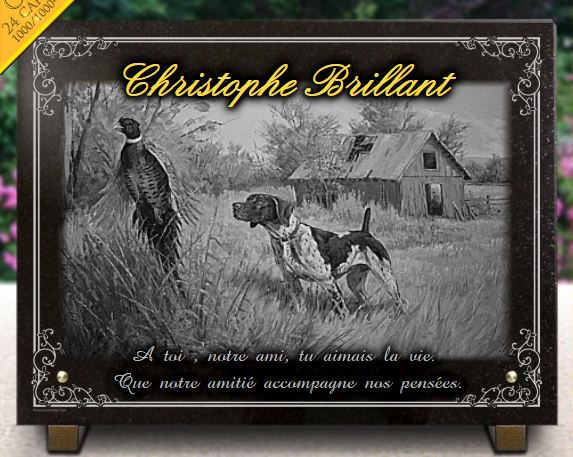 Plaque funéraire avec gravure chien de chasse et faisan